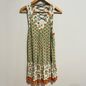 Baevley Boho Cottagecore Indie Floral Lace Up Flowy Mini Dress Size Small